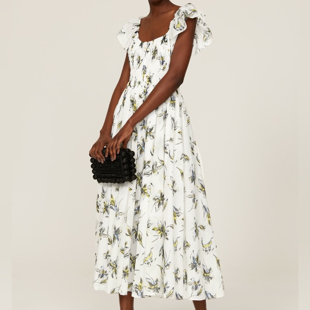 Tanya Taylor Floral Ruffle Sleeve Smock Midi Dress